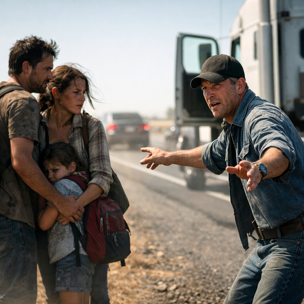Un camionero vio a una familia a pie en la carretera y tomó una decisión arriesgada.