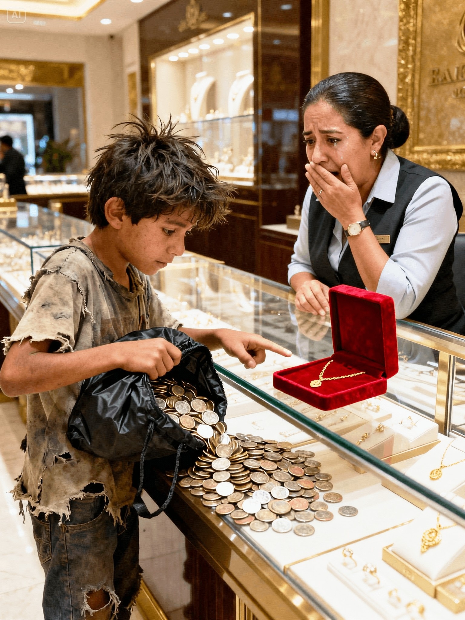 Un niño harapiento entró silenciosamente en la lujosa joyería y derramó miles de monedas frías sobre el vidrio reluciente