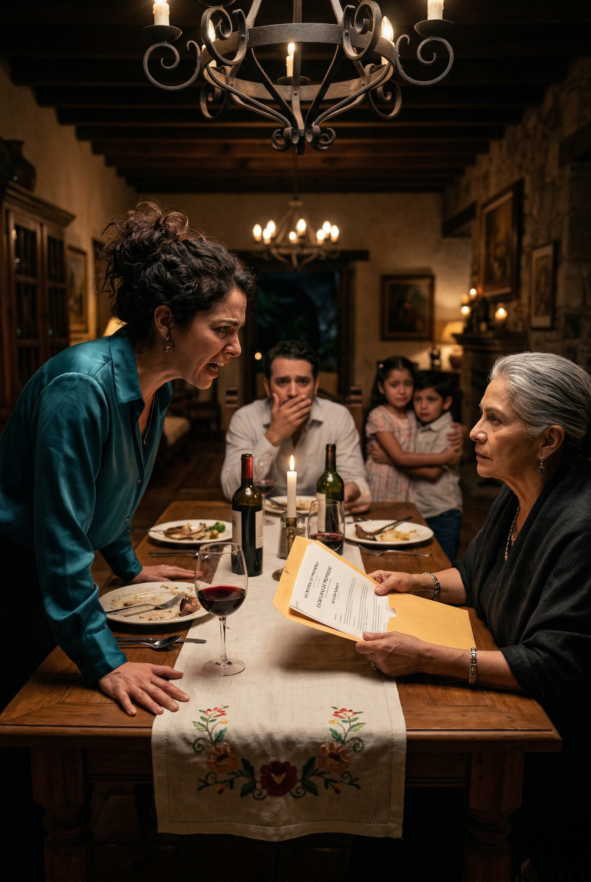 “Vieja, ya no te necesitamos”, me dijo mi nuera alzando su copa, sin imaginar que una escritura escondida, la última voluntad de mi esposo y años de humillación en silencio iban a devolverme mi casa, salvar a mis nietos y derrumbar, en una sola noche, su mundo entero…