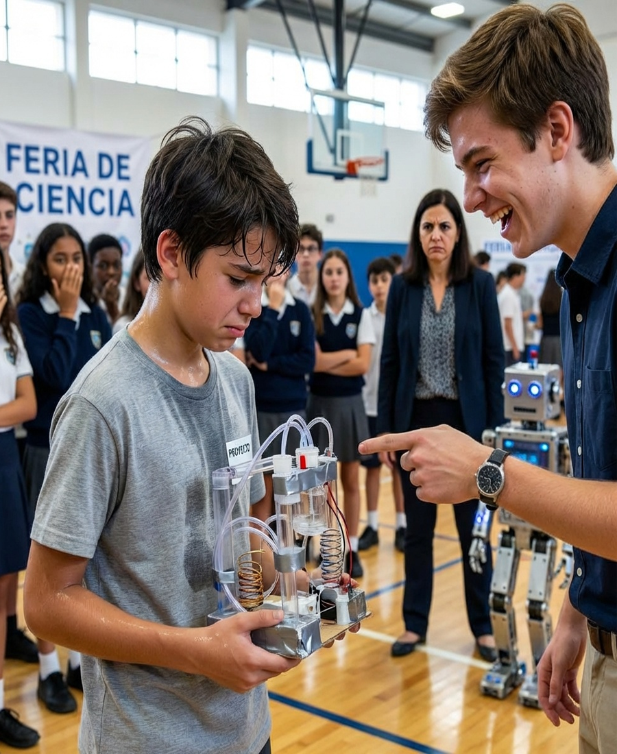 “¡TU PROYECTO ES BASURA!” 😡 El hijo del millonario humilló al hijo del conserje frente a todos. Pero cuando su robot de $50,000 falló, la lección de humildad dejó al colegio entero llorando. 😭👏