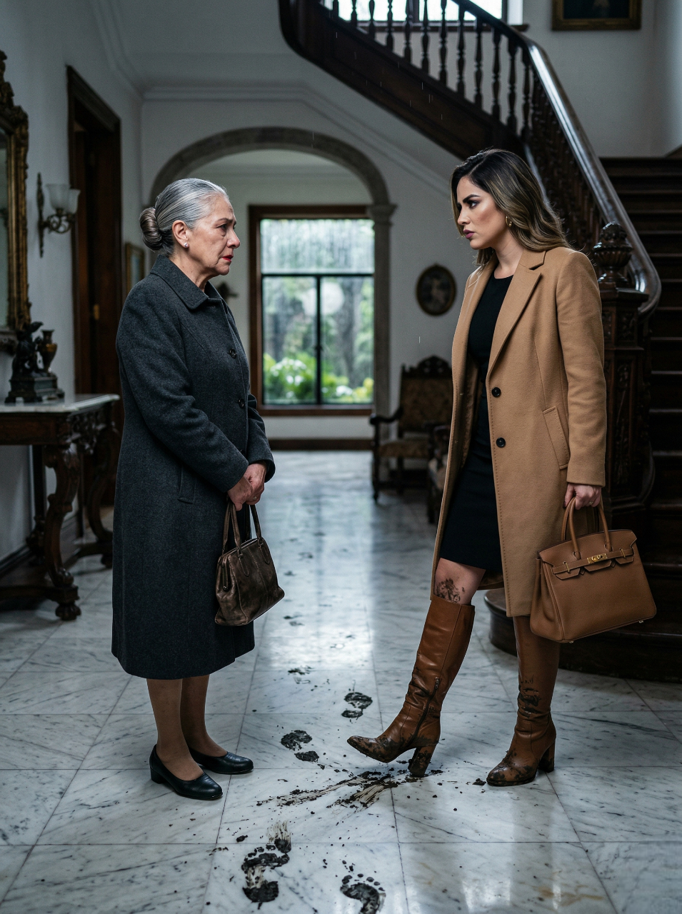 La Humilló Con Las Botas Llenas De Lodo, Le Ordenó Limpiar “Porque Vivía Gratis” Y La Trató Como Sirvienta Frente A Todos, Sin Imaginar Que La Anciana De Manos Agrietadas Era La Verdadera Dueña De La Mansión, Que Guardaba Las Escrituras En Una Caja De Seguridad Y Que, Mientras La Nuera Preparaba Té Para Sus Amigas De San Ángel, Ella Caminaba Bajo La Lluvia Hacia Una Inmobiliaria Para Poner En Venta La Casa, Destruir La Mentira De Su Hijo Y Recuperar De Un Solo Golpe Su Dinero, Su Nombre Y Su Dignidad…