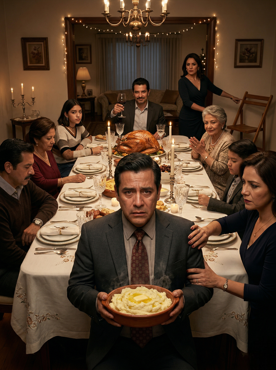 “Me empujó de mi propia mesa para sentar a su ex y decirme frente a todos que él era el verdadero padre de su hija; su madre aplaudió, la niña que yo mantuve me gritó que no era familia, y aquella humillación en Acción de Gracias me obligó a irme en silencio, cortarles cada privilegio, descubrir el reloj de lujo, los hoteles, la traición completa y, mientras ellas corrían detrás del hombre que las volvió a abandonar, yo reconstruí mi vida hasta regresar un año después a la única cabecera que de verdad me pertenecía.”