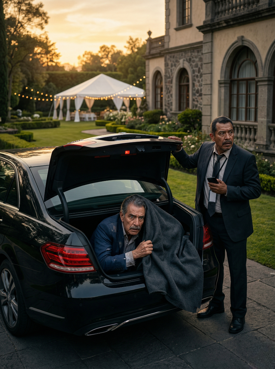 Mi chofer me metió en el maletero la mañana en que iba a llevar a mi hija al altar, y desde esa oscuridad escuché a mi futuro yerno hablarle con amor a la novia… y segundos después ordenar por teléfono un plan de tres meses que terminó llevándome a una casa pobre con su apellido en el buzón, a una esposa escondida, a una niña que lo llamó “papá” y a la verdad más monstruosa que un padre puede descubrir horas antes de una boda que estaba a punto de convertirse en funeral…