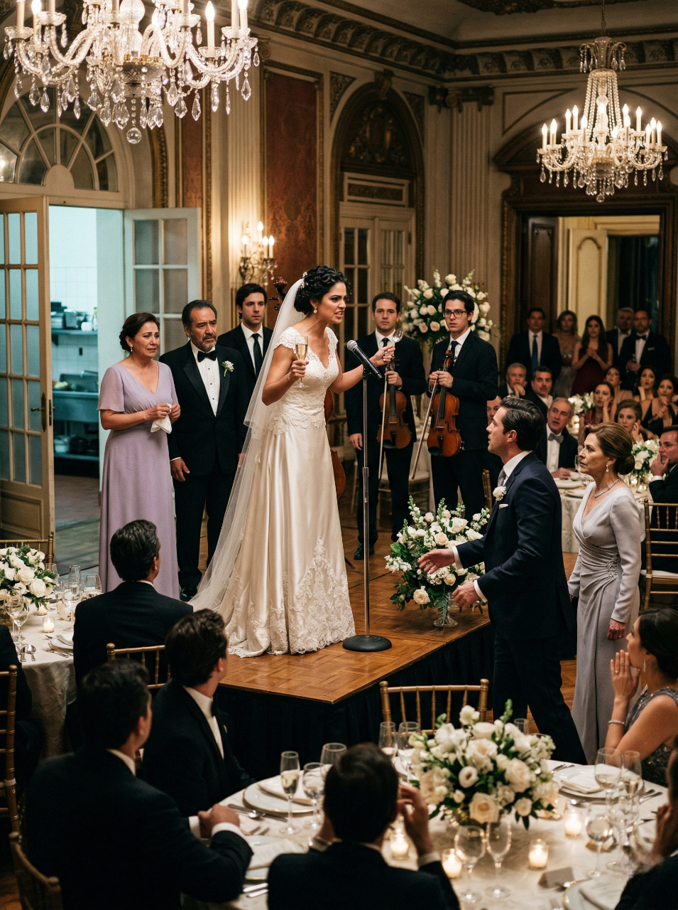 Cuando La Madre De Mi Novio Mandó A Mis Padres Al Fondo Del Salón, Junto A La Cocina, Porque “No Tenían La Clase Adecuada” Para Sentarse Con La Alta Sociedad De La Ciudad De México, Caminé Con Mi Vestido De Novia Hasta El Escenario, Golpeé Una Copa Frente A Doscientas Personas Y Revelé El Anuncio Que Destruyó En Segundos La Boda Perfecta, El Apellido Intocable De Su Familia Y La Vida Entera Que Todos Esperaban Que Yo Aceptara En Silencio Mientras Humillaban A Las Dos Personas Que Más Amo En Este Mundo…