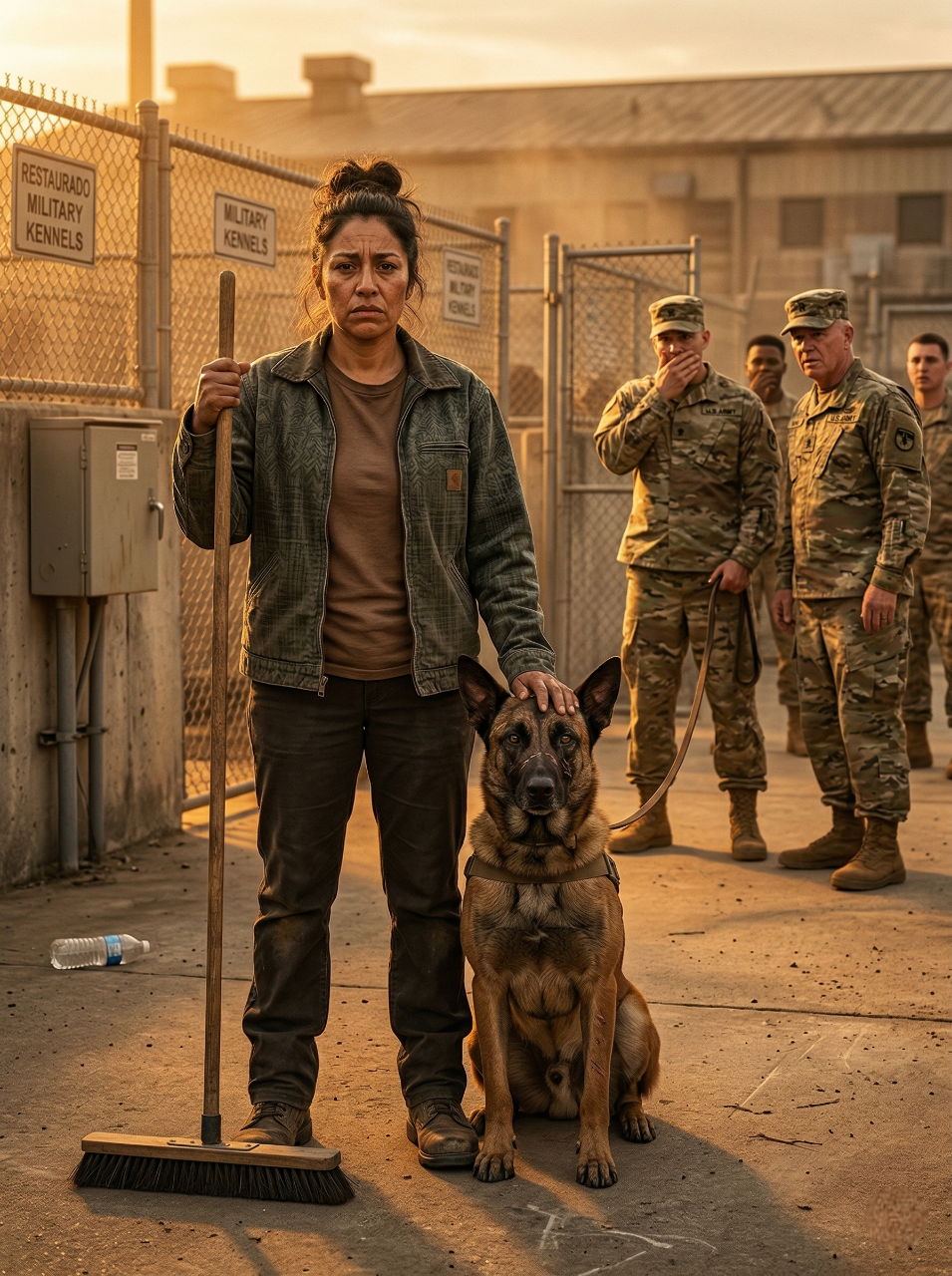 ¡Le aventaron la escoba como si fuera basura frente a todos, pero nadie imaginó que aquella mujer silenciosa a la que humillaban en una base militar cargaba un pasado capaz de paralizar al perro más letal, hacer temblar a los mandos y obligar al Pentágono a ponerse de pie! La dejaron sola con el animal más temido del ejército, y en el segundo en que él inclinó la cabeza ante ella, comenzó a revelarse una verdad enterrada entre guerra, traición, honor, perros héroes y una identidad que llevaba años escondida bajo polvo, dolor y silencio.