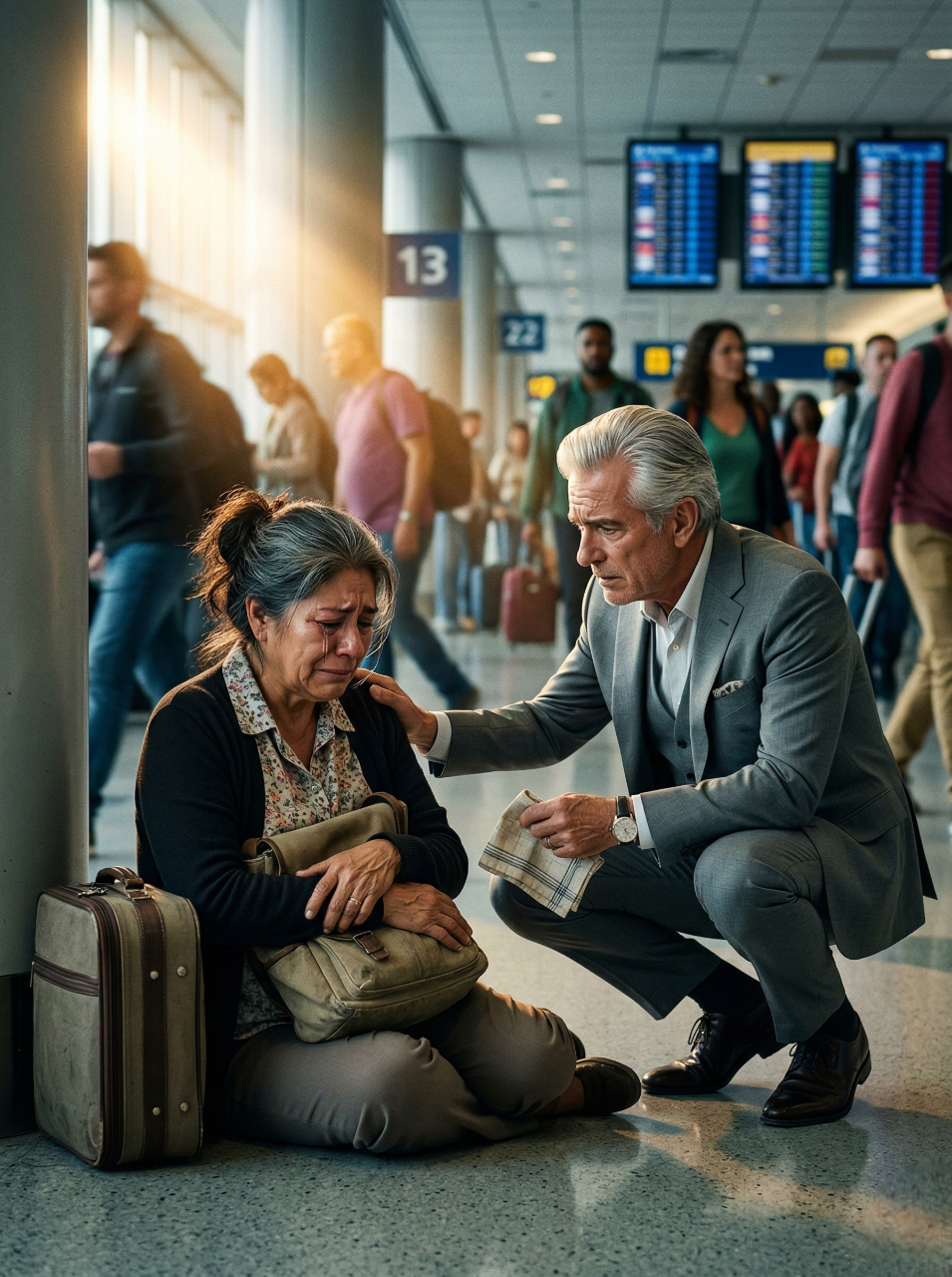 Mis Hijos Me Sonrieron En Miami Mientras Planeaban Deshacerse De Mí, Cancelaron Mi Vuelo, Me Dejaron Sin Dinero Y Me Arrojaron Sola Al Piso Frío De Un Aeropuerto Extranjero, Pero Cuando Un Millonario De Ojos Tristes Me Susurró Que Ellos Se Arrepentirían, No Imaginé Que Esa Humillación Se Convertiría En La Noche Más Cruel, Más Injusta Y También Más Decisiva De Toda Mi Vida, La Misma Que Me Haría Renacer Cuando Ya Creía Que Para Una Madre Abandonada No Quedaba Nada Más Que Vergüenza, Silencio Y Soledad…