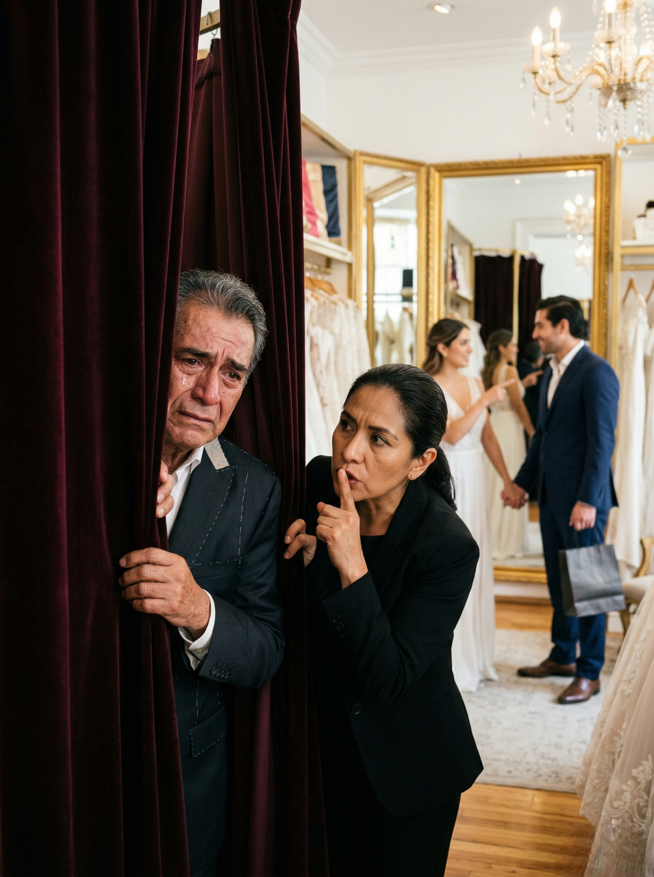 Entré A Recoger Mi Esmoquin Creyendo Que Iba A La Boda De Mi Hija, Pero La Dueña De La Tienda Me Arrastró A Un Probador Y Me Rogó Que Me Escondiera; Lo Que Escuché Después, Entre Vestidos Blancos, Perfume Caro Y Susurros De Traición, No Fue Solo El Fin De Una Familia Rica, Sino La Confesión Brutal De Un Plan Para Robarme, Declararme Loco, Encerrarme En Un Asilo Y Borrarme Del Camino Antes De Que Mi Propia Hija Dijera “Sí, Acepto” Frente A Todos…
