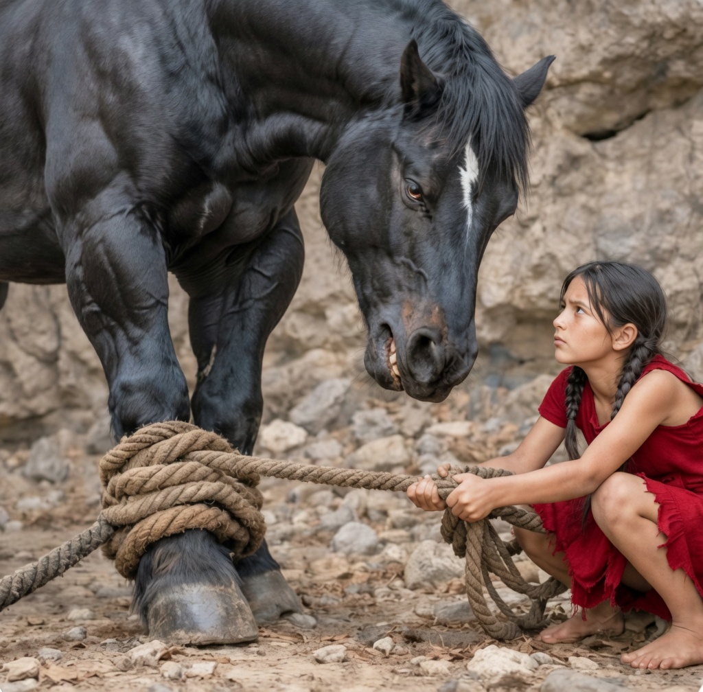 Una niña huye de casa en mitad de la noche y encuentra un caballo salvaje atrapado entre las rocas…