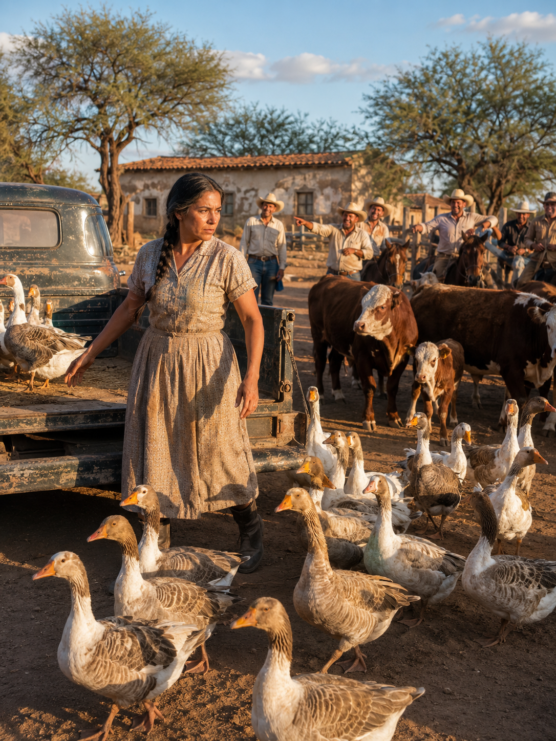 Se burlaron de la viuda que metió gansos entre sus vacas, diciendo que había perdido el juicio. En el rancho La Noria, los hombres del pueblo aseguraban que Mercedes Barragán estaba acabada sin marido. Pero ella guardaba un cuaderno de su madre, lleno de secretos que nadie en la cantina quiso respetar. Mientras ellos presumían rifles, cercas y experiencia, ella escuchó a la tierra y crió ochenta y cinco guardianes. Cuando los coyotes bajaron por los mezquites, todos rieron menos Mercedes. Doce años después, los mismos que la llamaron loca querían entrar a su rancho.