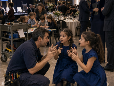 DURANTE TODA LA GALA NADIE SUPO CÓMO HABLAR CON LAS GEMELAS SORDAS DE LA PRESIDENTA… HASTA QUE UN PADRE DEL EQUIPO DE MANTENIMIENTO SE AGACHÓ FRENTE A ELLAS Y LES DIJO «HOLA» EN LENGUA DE SIGNOS