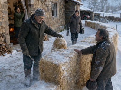 TODOS SE RIERON CUANDO RODEÓ LA CASA CON 84 PACAS DE PAJA ANTES DEL INVIERNO… PERO CUANDO EL TEMPORAL CORTÓ LA LUZ DURANTE TRES NOCHES Y EL VIENTO BAJÓ DE −15 °C, LOS VECINOS ENTENDIERON POR QUÉ HABÍA DEJADO AQUEL «MURO RIDÍCULO» FRENTE A LA FACHADA